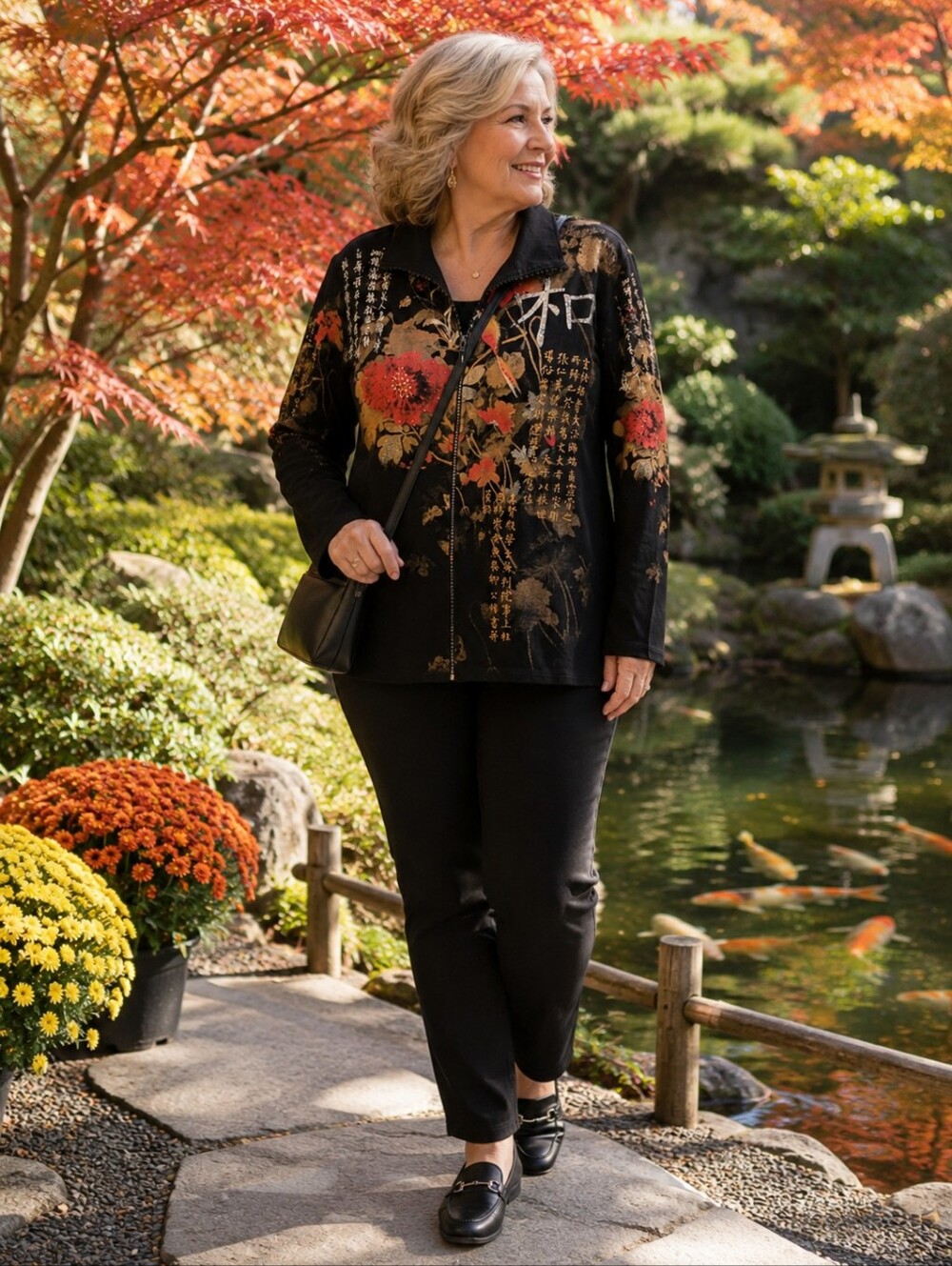 Jess & Jane Eastern Flower Zip Front Jacket 1X Made in USA Rhinestone Floral Art
